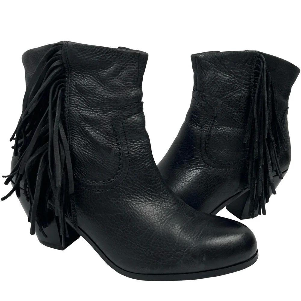 Sam Edelman Louie Fringe Ankle Boots Womens 9.5 Black Leather Western Boho Biker